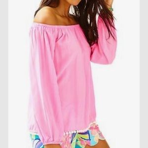 Lilly Pulitzer Pink Off The Shoulder Pom Pom Top